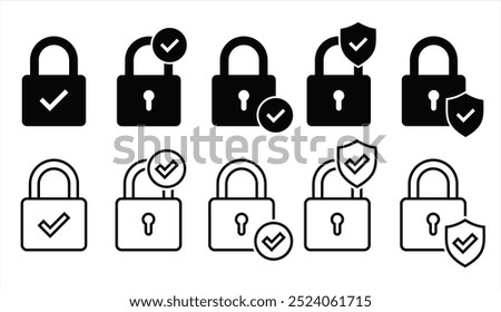 Set of security lock icons. Circle and shield with lock icon with check mark. Security lock, cyber defence. Vector 10 eps.