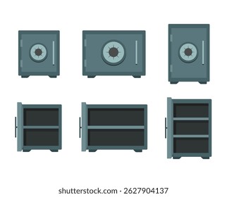 Set of security metal safe box isolated on white background. Safe bank money. Saving money concept. Vector stock