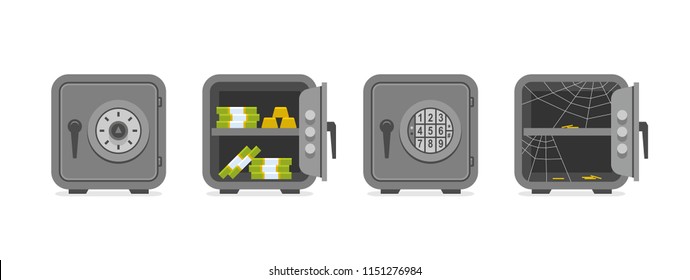 Set of security metal safes. flat style. isolated on white background