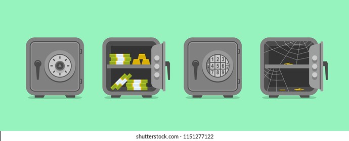 Set of security metal safes. flat style. isolated on green background