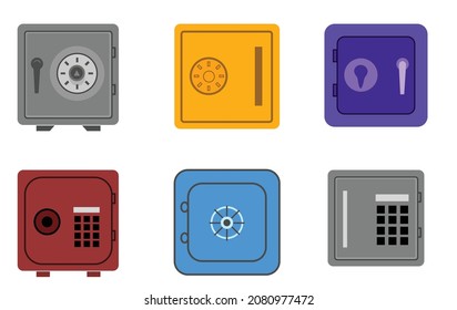 Set of security metal safes. flat style. isolated. for infographics vectors multistyles and multi colours for ads and commercial work and banking infographics password safe key and money