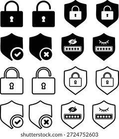 Conjunto de iconos de seguridad y privacidad que incluyen bloqueo, desbloqueo, escudo, Contraseña, ocultos y símbolos de visibilidad. Perfecto para Web, interfaz de usuario App, ciberseguridad y diseño de protección de datos.