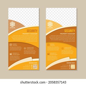 Set of security property manager banner design template use vertical layout. combination yellow and brown on element and background. roll up banners with space of photo.