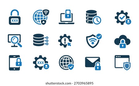 A set of security and protection icons. This set includes icons such as a lock, a shield, a key, a computer, a mobile phone, and more. Isolated on white background.