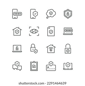 Set of security related icons, digital lock, cyber security, password, smart home, computer security, electronic key and linear variety vectors.