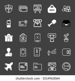 set of security shield, credit card, chart, open, team, phone, dig, touchscreen, estate, atm, money plant, add female, bill, presentation, wallet, plane, folder, help center vector icon