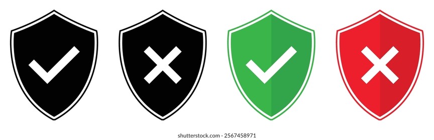 Set of security shield icon with check mark and cross mark symbol. Safety protection icons set red, green, and black color. Isolated vector illustration.