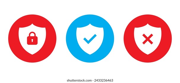 Set of security shield icon vector. Shields with padlock, checkmark, and cross mark concept