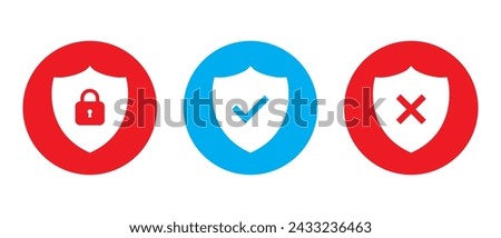 Set of security shield icon vector. Shields with padlock, checkmark, and cross mark concept