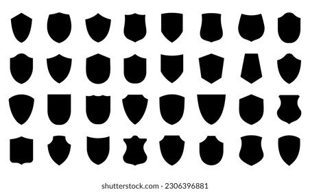 Set of security shield icons. Black security shield. Protect shield. Design elements for concept of safety and protection. Police badge shape. Vector illustration