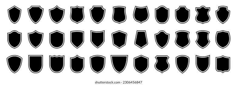 Set of security shield icons. Black security shield. Protect shield. Design elements for concept of safety and protection. Police badge shape. Vector illustration