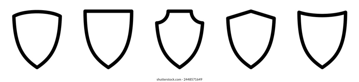 Set of security shield icons. Shield icon set in vintage style. Security shields. Protect shield security line icons. Shields logotypes. Badge quality symbol, sign, logo or emblem. Vector illustration