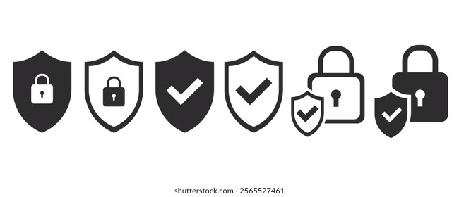 A set of security shield icons, logos of protective screens with a flag and a lock.
