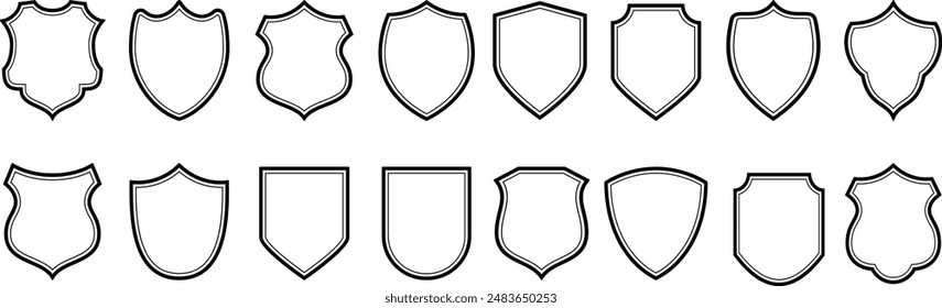 Set of security shield icons. Police badge shape Black security shield. Protect template for patch, insignias. Design elements for concept of safety and protection. Vector illustration