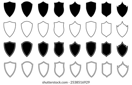 Set of security shield icons. Police badge shape. Protect template for patch, insignias. Design elements for concept of safety and protection. Vector illustration