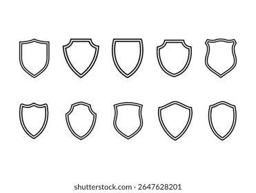 Conjunto de ícones da blindagem de segurança. Forma de crachá de polícia, escudo de segurança preto. Proteger modelo para patch, insígnias. Elementos de concepção do conceito de segurança e proteção. Ilustração vetorial