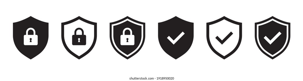 Набор значков щита безопасности, логотипы защитных экранов с флажком и замком. Символы щита безопасности. Векторная иллюстрация.
