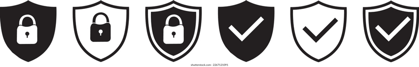 Set of security shield icons, security shields logotypes with check mark and padlock. Security shield symbols. Vector illustration.