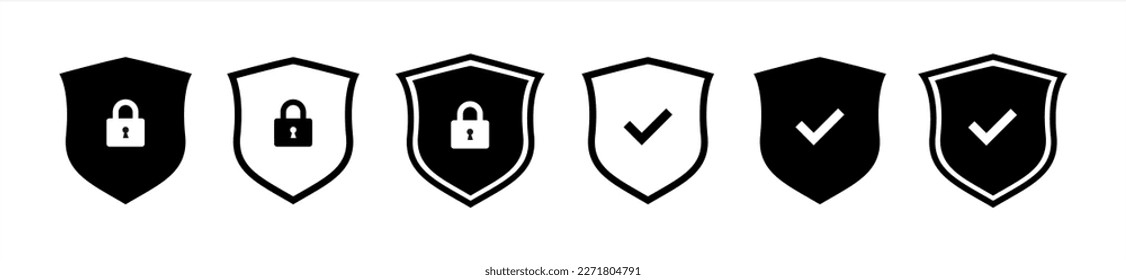 Conjunto de iconos de protección de seguridad, los logotipos de protección de seguridad con marca de verificación y candado. Símbolos del escudo de seguridad. Ilustración vectorial 10 pasos.