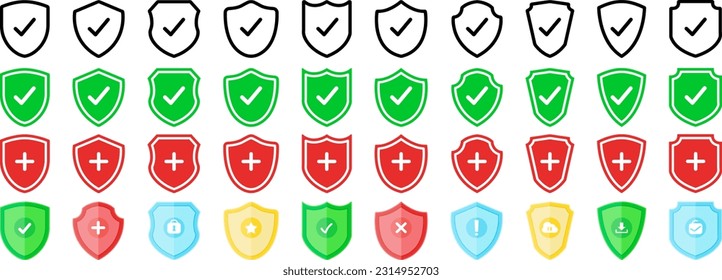 Set of security shield icons, security shields logotypes with check mark and padlock. Security shield symbols. Shield lick icon vector set as internet web secure safeguard defence. Vector illustration