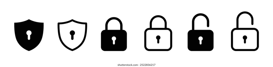Conjunto de iconos de escudo de seguridad, escudos de seguridad logotipos con marca de verificación y candado. Símbolos del escudo de seguridad. Ilustración vectorial.