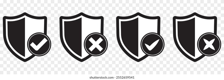 Conjunto de ícones de escudo de segurança, logotipos de escudos de segurança com marca de seleção. Ícone de marca de seleção de blindagem ou ícone de proteção de escudo de segurança com símbolo de tique
