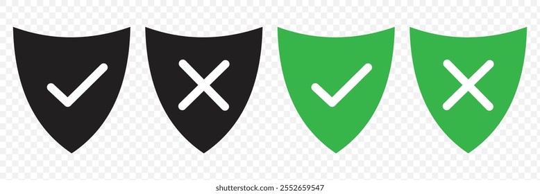 Satz von Sicherheitsschild-Symbolen, Sicherheitsschild-Logotypen mit Häkchen. Schild-Häkchen-Symbol oder Symbol für den Schutz des Sicherheitsschilds mit Häkchen-Symbol