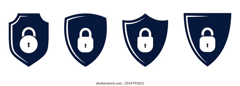 Set of security shield icons, security shields logotypes with check mark and padlock. Security shield symbols. Vector illustration.