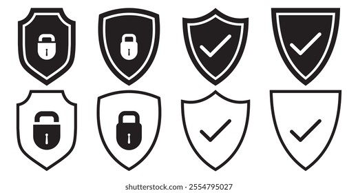 Set of security shield icons, security shields logotypes with check mark and padlock. Security shield symbols. Vector illustration.