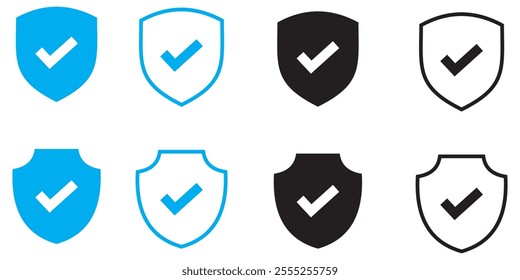 Set of security shield icons, security shields logotypes with check mark and padlock. Security shield symbols. Vector illustration. 333