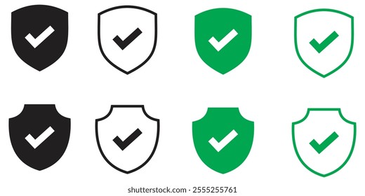 Set of security shield icons, security shields logotypes with check mark and padlock. Security shield symbols. Vector illustration. 333