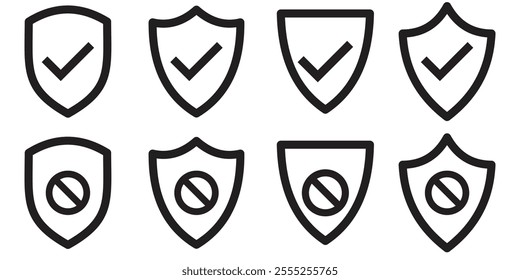 Set of security shield icons, security shields logotypes with check mark and padlock. Security shield symbols. Vector illustration. 333