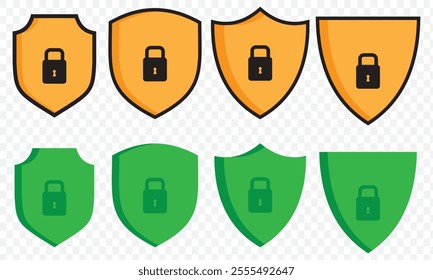 Set of security shield icons, security shields logotypes with check mark and padlock. Security shield symbols. Vector illustration. eps 10.