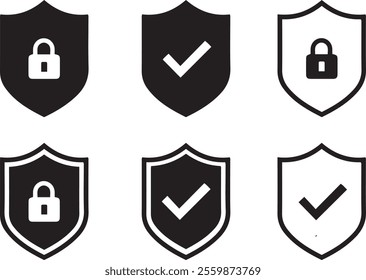 Set of security shield icons, security shields logotypes with check mark and padlock. Security shield symbols. Vector illustration.