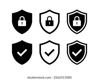 Set of security shield icons, security shields logotypes with check mark and padlock. Security shield symbols.