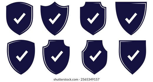 Set of security shield icons, security shields logotypes with check mark and padlock. Strong protection tick shield. Tick mark approved, design eps 10