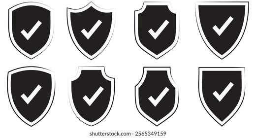 Set of security shield icons, security shields logotypes with check mark and padlock. Strong protection tick shield. Tick mark approved, design eps 10