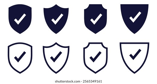 Set of security shield icons, security shields logotypes with check mark and padlock. Strong protection tick shield. Tick mark approved, design eps 10