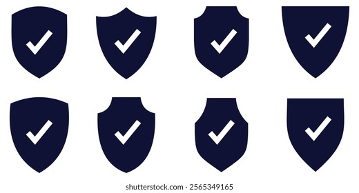 Set of security shield icons, security shields logotypes with check mark and padlock. Strong protection tick shield. Tick mark approved, design eps 10