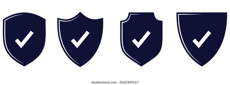 Set of security shield icons, security shields logotypes with check mark and padlock. Strong protection tick shield. Tick mark approved, design eps 10