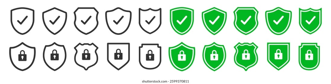 Set of security shield icons, security shields logotypes with check mark and padlock isolated on transparent. Shield security icon. Safety protection sign