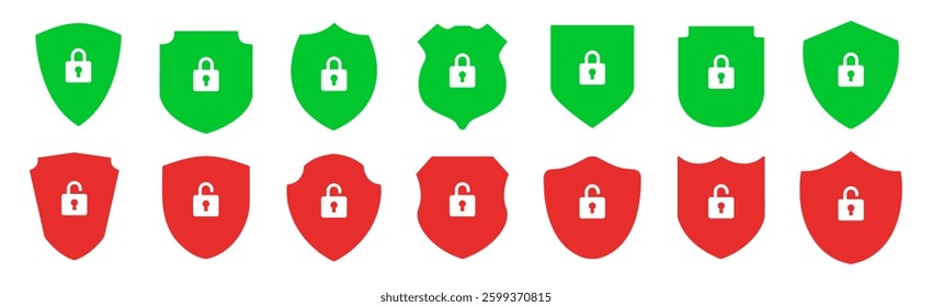 Set of security shield icons, security shields logotypes with padlock isolated on transparent. Shield security icon. Safety protection sign