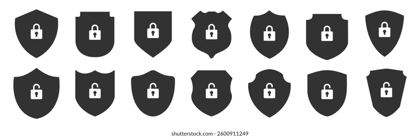 Set of security shield icons, security shields logotypes with padlock isolated on transparent. Shield security icon. Safety protection sign