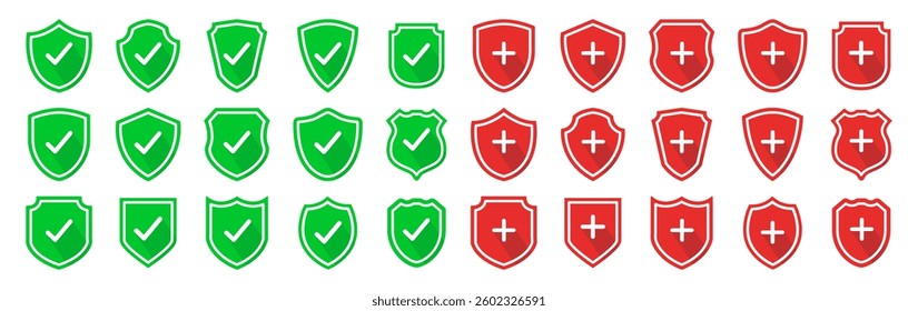 Set of security shield icons, security shields logotypes with check mark and padlock isolated on transparent. Shield security icon. Safety protection sign