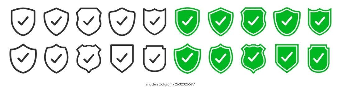 Set of security shield icons, security shields logotypes with check mark and padlock isolated on transparent. Shield security icon. Safety protection sign