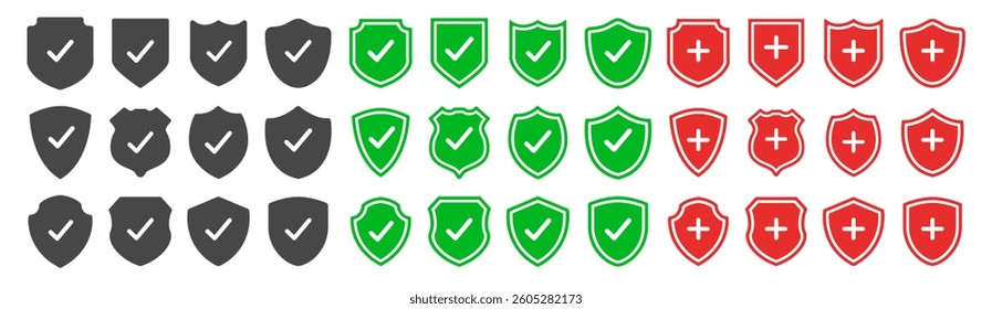 Set of security shield icons, security shields logotypes with check mark and padlock isolated on transparent. Shield security icon. Safety protection sign