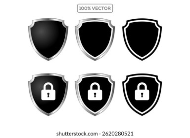 Satz von Sicherheitsschild-Symbolen, Sicherheitsschilden mit Häkchen und Vorhängeschloss. Vektorgrafik.
