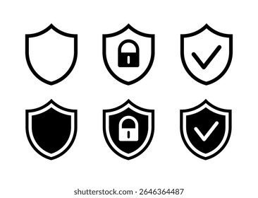 Set of security shield icons, security shields logotypes with check mark and padlock. Security shield symbols.