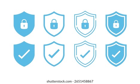 Set of security shield icons, security shields logotypes with check mark and padlock. Security shield symbols. Vector illustration.
