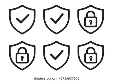 Conjunto de iconos de escudo de seguridad, escudos de seguridad logotipos con marca de verificación y candado. Símbolos del escudo de seguridad. Ilustración vectorial.